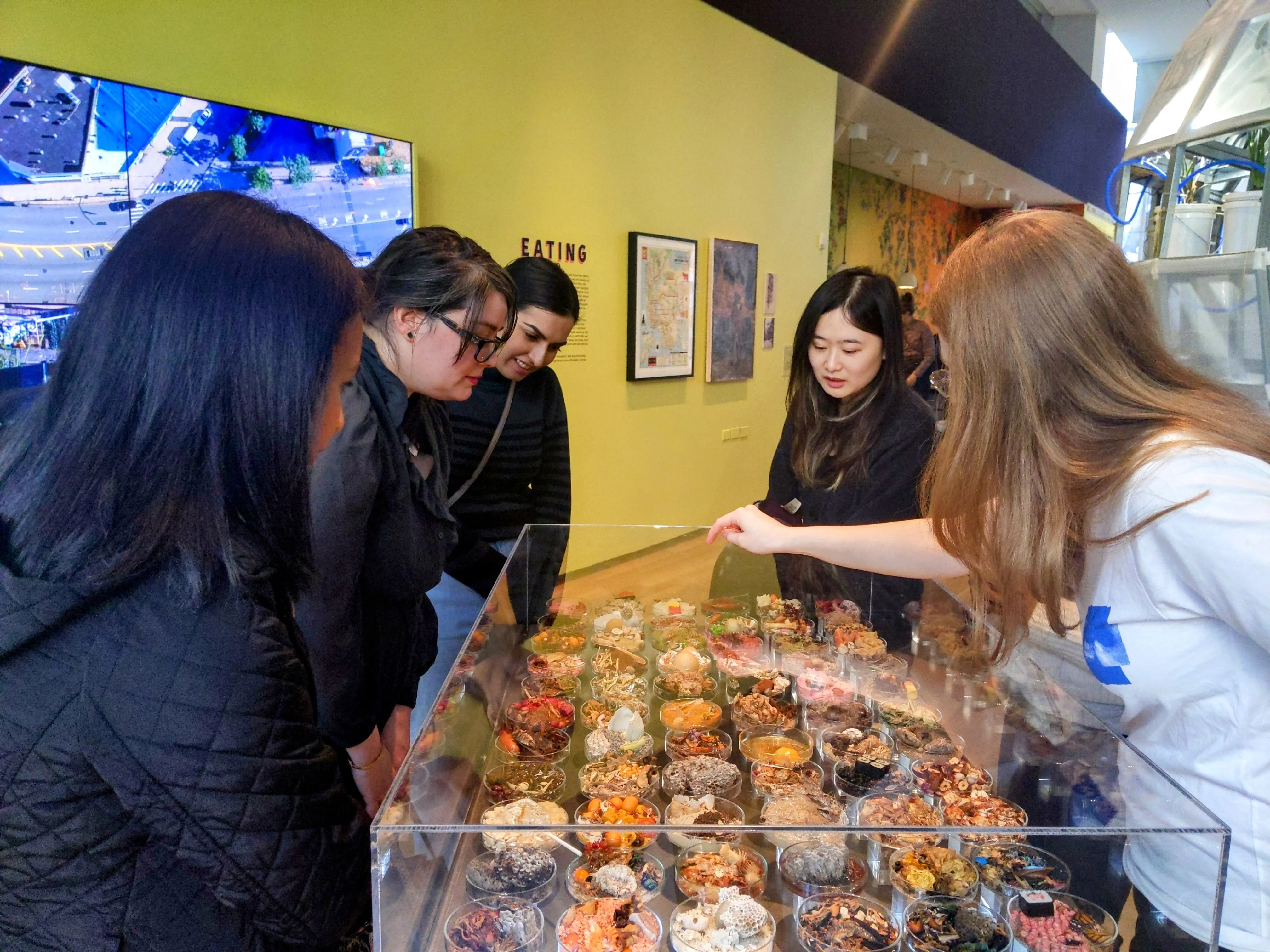 5 NYC Women in STEM members leaning over a museum display case.